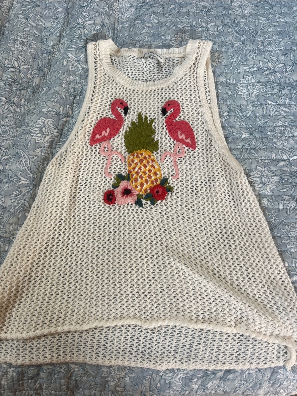 American Eagle M Crochet Tank w/ Pink Flamingo & Pineapple Embroidery beach